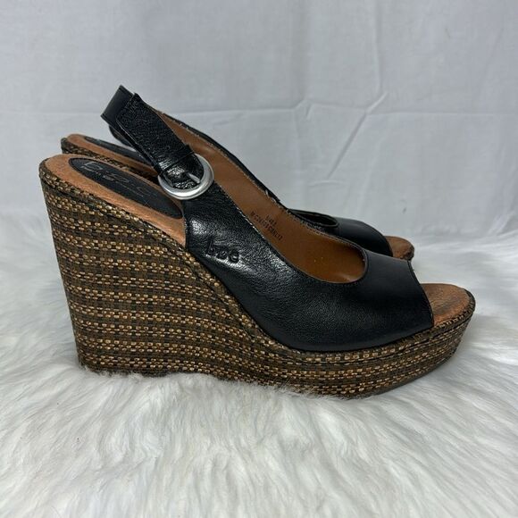 Born BOC Black Leather Raffia Wedge Peep Toe Shoes Sz 9 - Picture 4 of 6